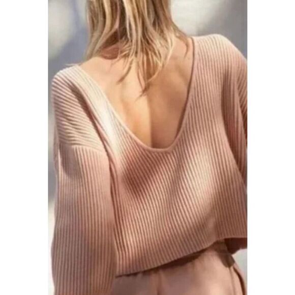 Lunya Brown Knit Reversible V Neck Balloon Sleeve Pullover Sweater Size Small - Picture 5 of 9